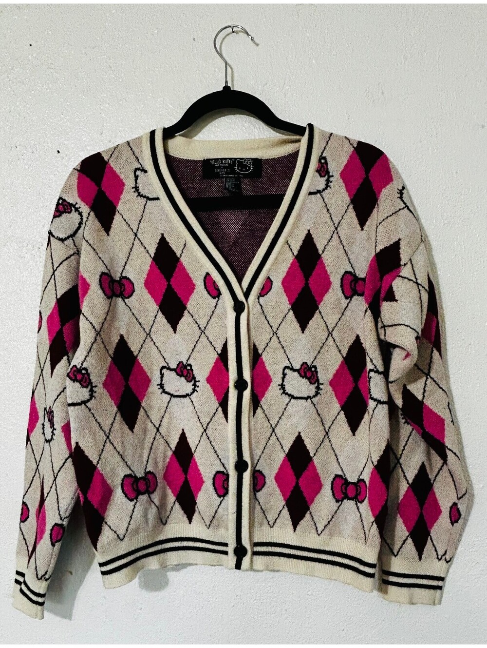Hello Kitty Forever 21 Argyle Cardigan Sweater Kids 13-14 Fits Women Small S
